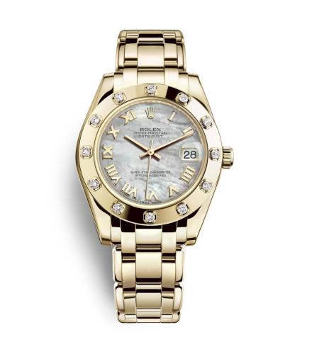 Relojes falsos Rolex Pearlmaster 81318 con esfera de nácar blanco